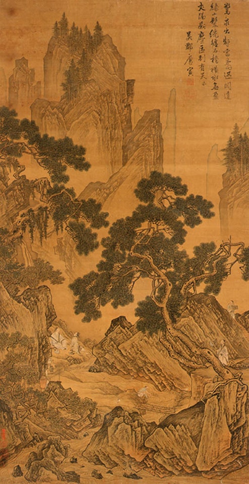 Swift stream beneath ancient pine by Tang Yin