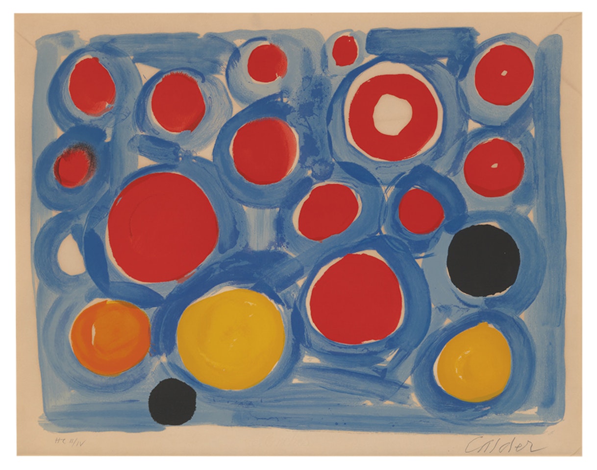 Untitled (Blue background with red, yellow, and black circles) by Alexander Calder
