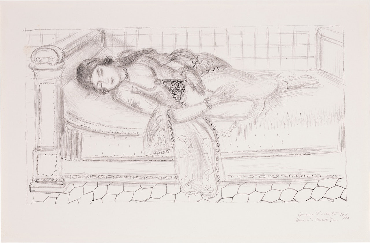Orientale sur lit de repos, sol de carreaux rouges by Henri Matisse
