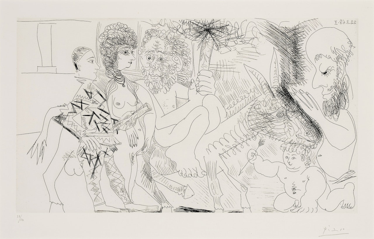 Groupe avec vieillard à la torche sur un âne amoureux, femme et arlequin, from the 347 Series by Pablo Picasso