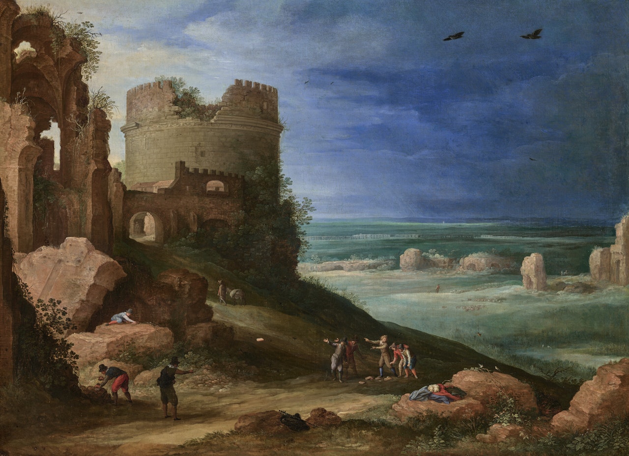 Capriccio of the Via Appia Antica, near Rome, with the tomb of Cecilia Metella and the Claudian Aqueduct by Paul Bril