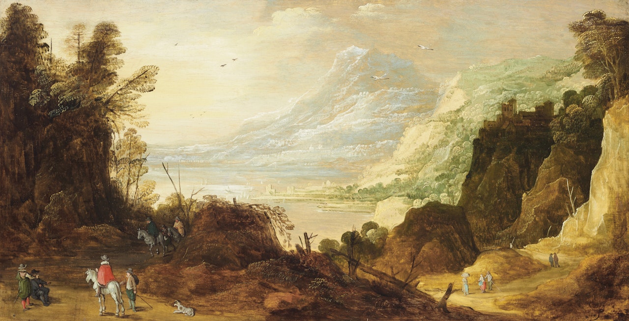 An extensive mountainous landscape with hunters on a path by Joos de Momper the Younger