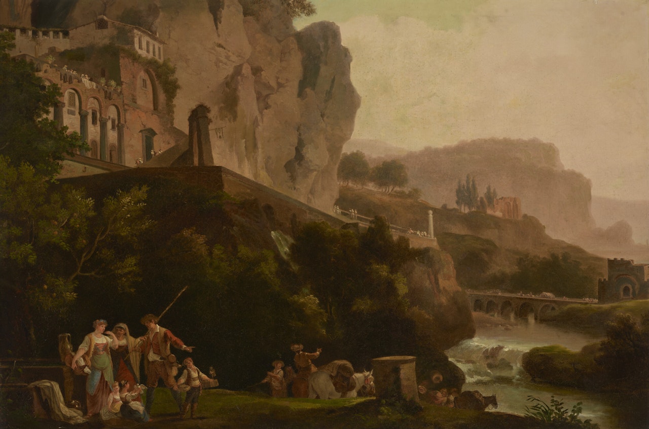 A mountainous landscape with figures along a river bed by French School