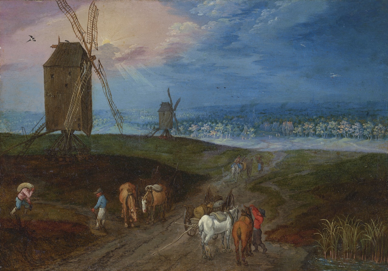 An extensive landscape with travelers before a windmill by Jan Brueghel the Younger
