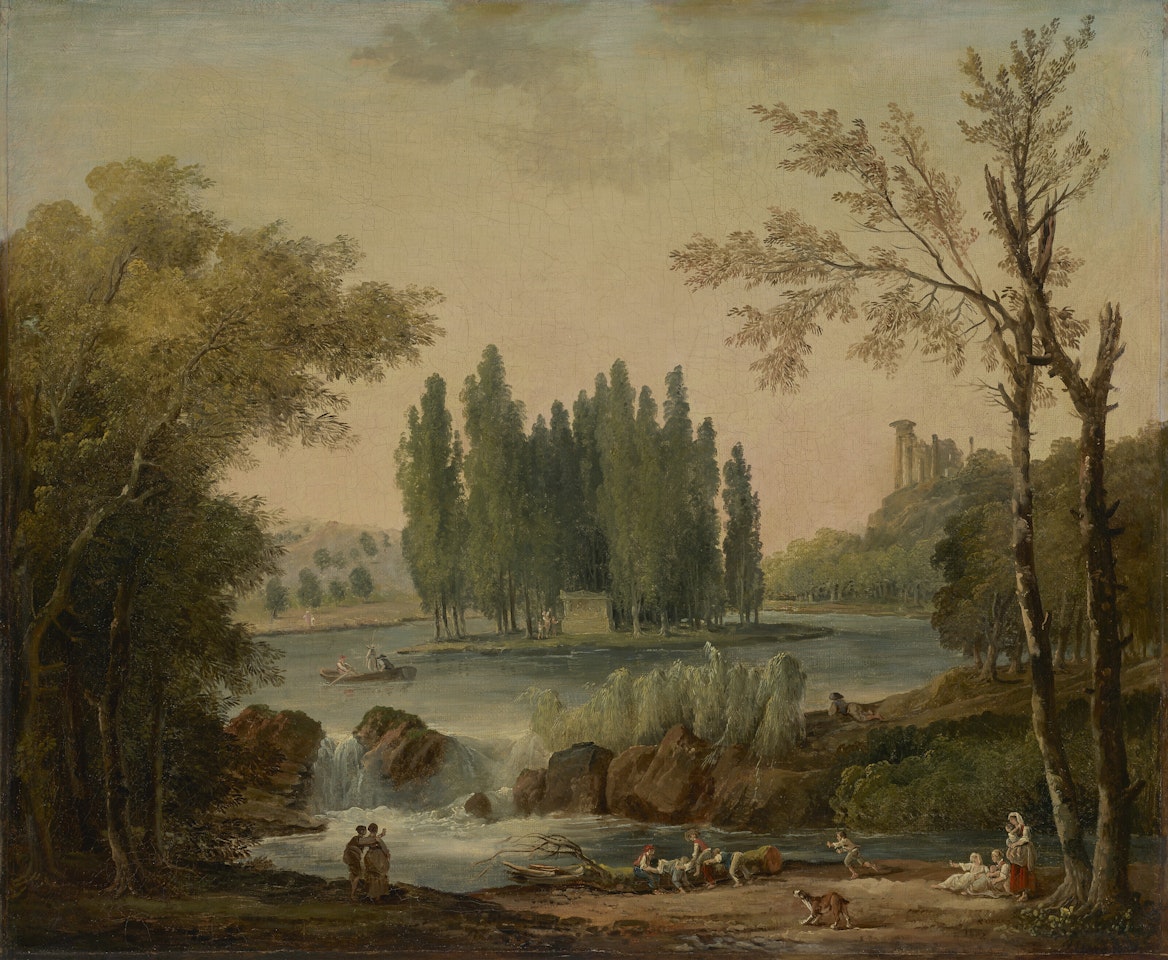 A view of the park at Ermenonville with the tomb of Jean-Jacques Rousseau and the Temple de la Philosophie by Hubert Robert