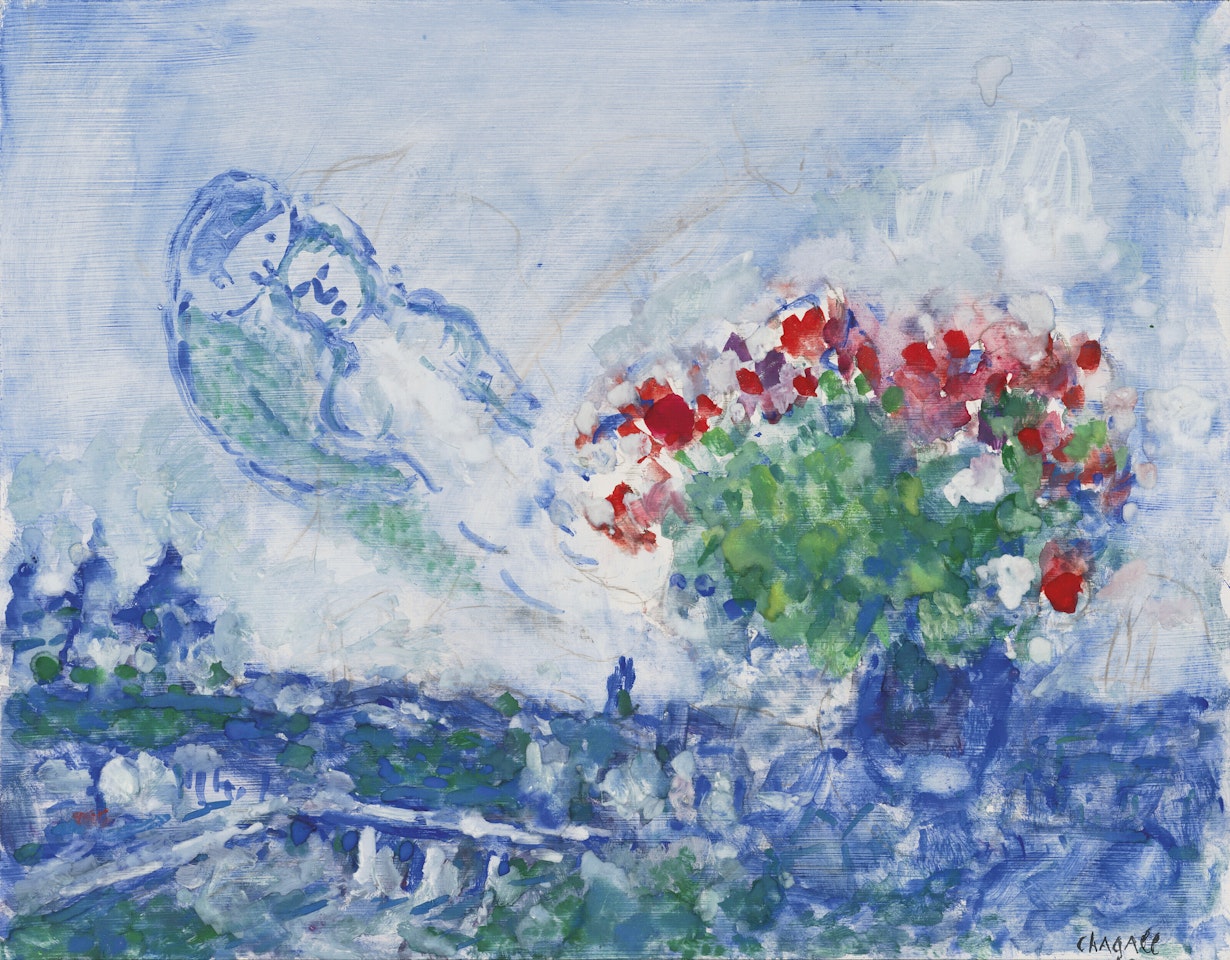 Amoureux et bouquet dans le ciel by Marc Chagall