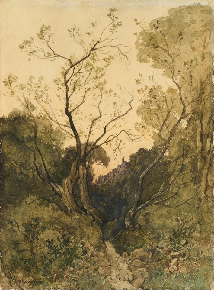 Paysage boisé, avec village au lointain by Henri Harpignies