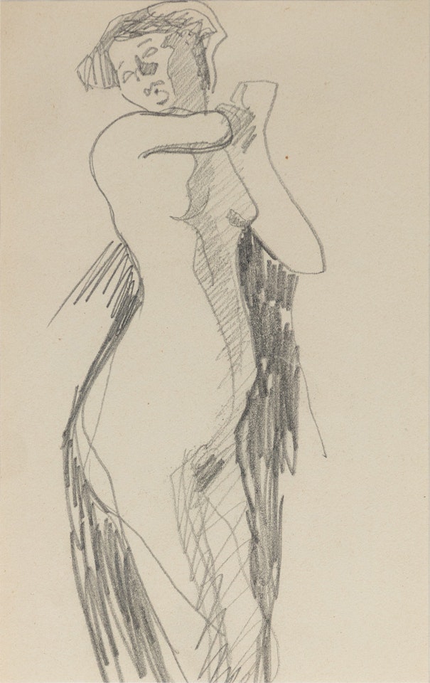Femme nue debout de trois quarts vers la droite, mains réunies au niveau de l'épaule gauche by Amedeo Modigliani
