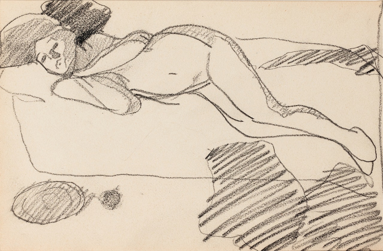 Femme nue de trois quarts vers la gauche étendue sur un canapé, mains au menton (recto); Femme nue debout de trois quarts vers la droite, main gauche près du corps, main droite en avant (verso) by Amedeo Modigliani