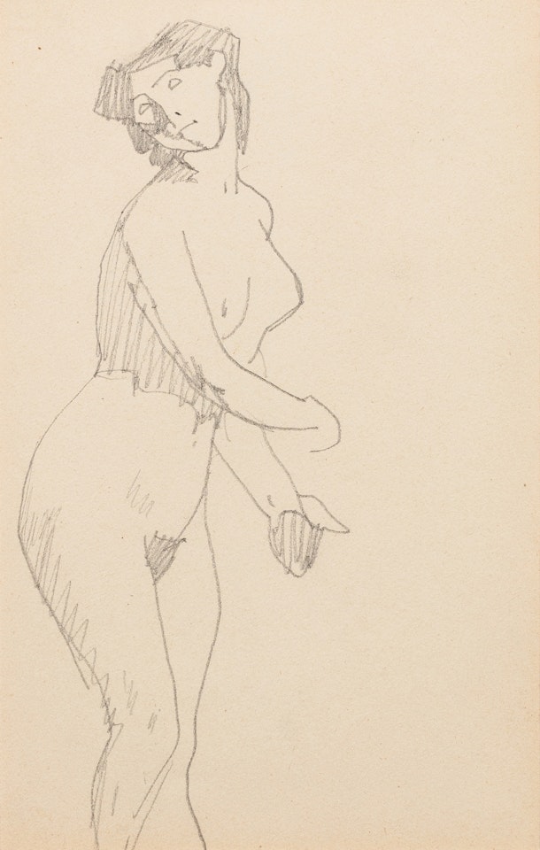 Femme nue debout de trois quarts vers la droite, main gauche près du corps, main droite en avant by Amedeo Modigliani