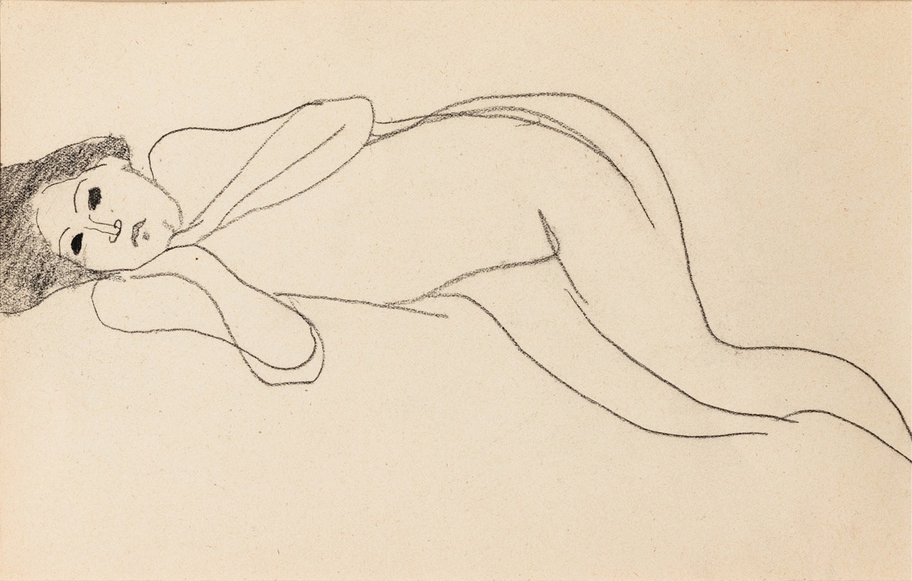 Femme nue de trois quarts vers la gauche étendue sur un canapé, main au menton (recto); Deux têtes d'homme de face dont un autoportrait présumé de Modigliani (verso) by Amedeo Modigliani