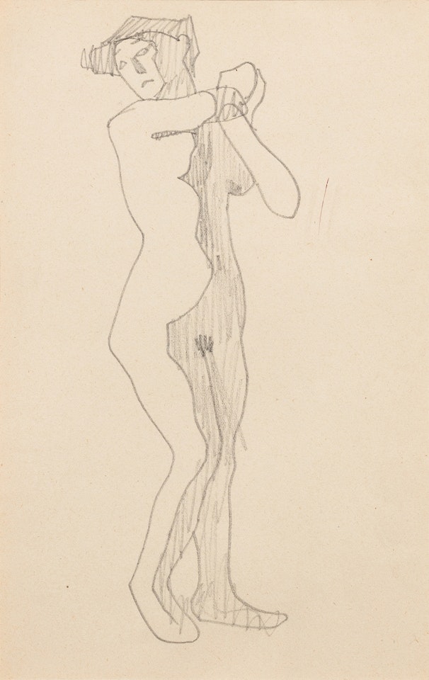 Femme nue debout de trois quarts vers la droite, mains réunies au niveau de l'épaule gauche by Amedeo Modigliani