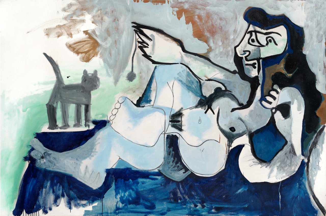 Femme nue couchée jouant avec un chat by Pablo Picasso