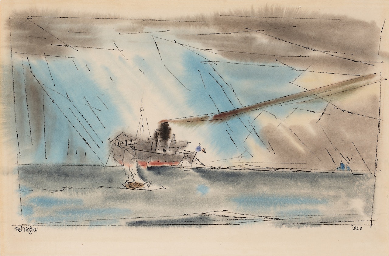 Freighter and Sailing Ships in the Rain by Lyonel Feininger