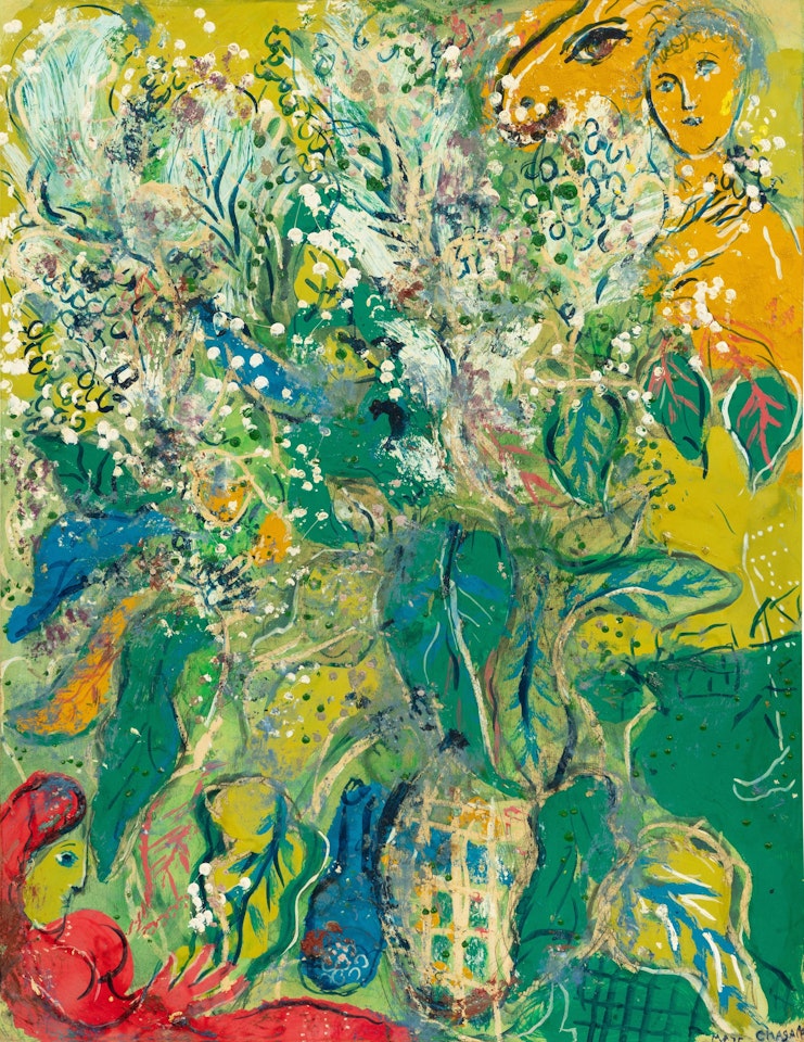 Fleurs et figures ou Bouquet en vert avec femme et chèvre jaune by Marc Chagall