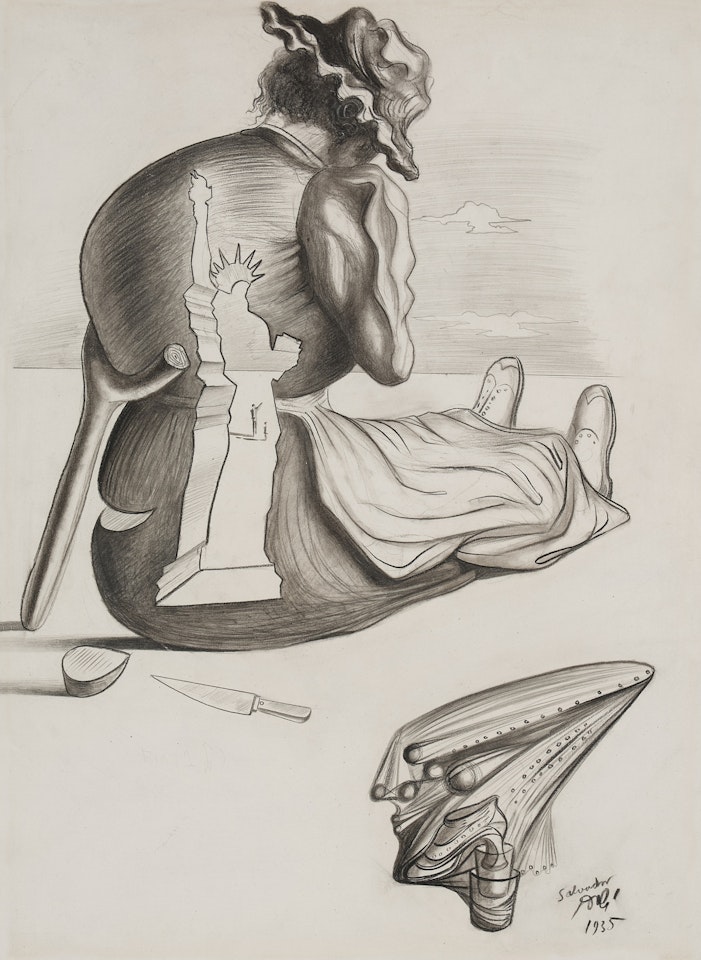 Nourrice avec apparition de la statue de la liberté et tête aérodynamique avec soulier et verres by Salvador Dali