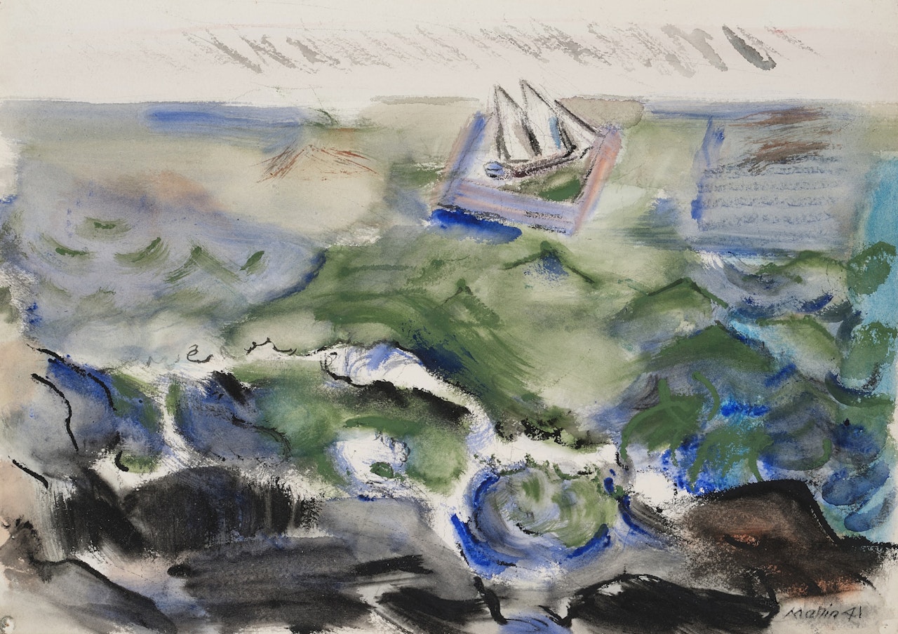 Movement, Boat, Sea, Rocks and Sky, Maine by John Marin