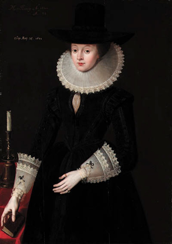 Portrait of Mary Harvey in black dress, lace collar, cuffs by English School