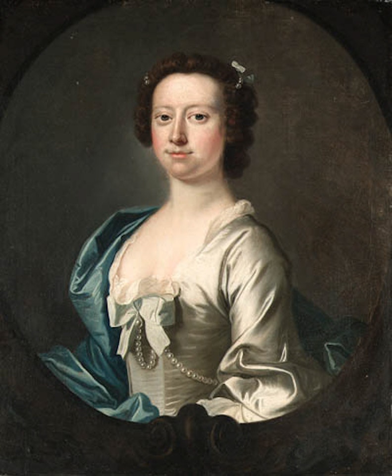Half-length portrait of lady in white dress and blue wrap by Thomas Hudson