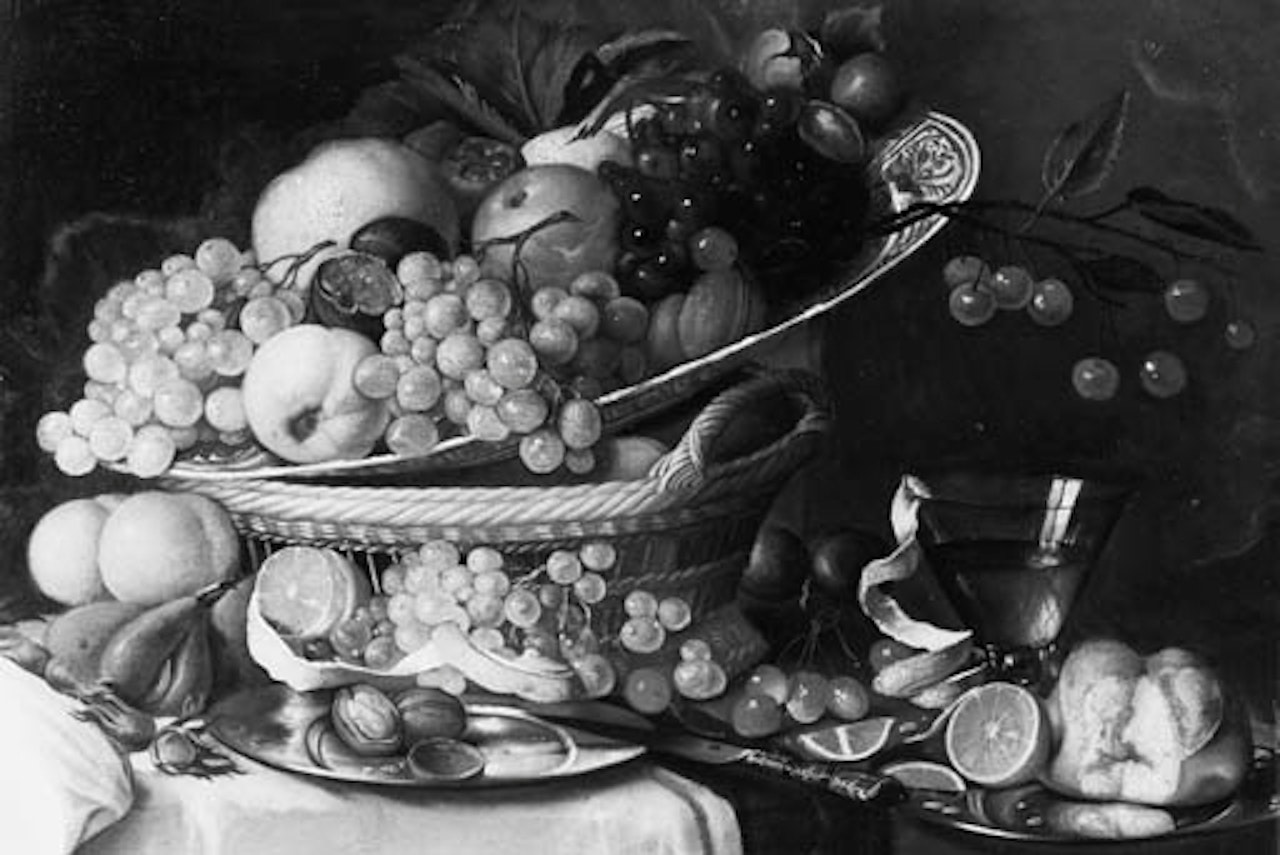 Grapes, fruit and walnuts on wan li dish on basket by Jan Davidsz de Heem