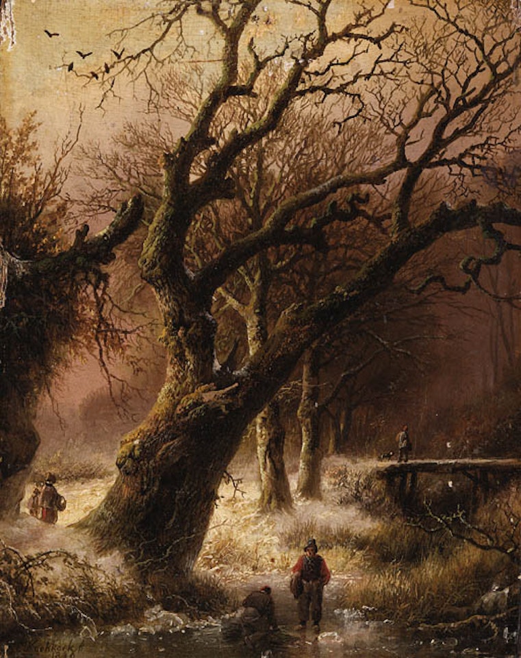 Figures in winter landscape by Barend Cornelis Koekkoek