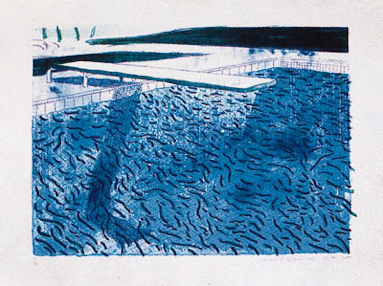 Lithograph of water made of lines with two light blue washes by David Hockney