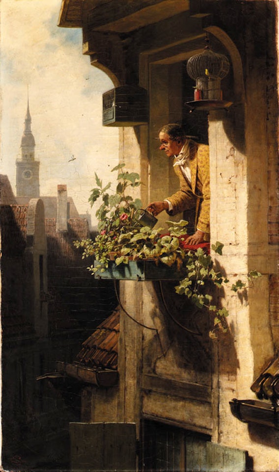 Man watering flowers in window box by Carl Spitzweg