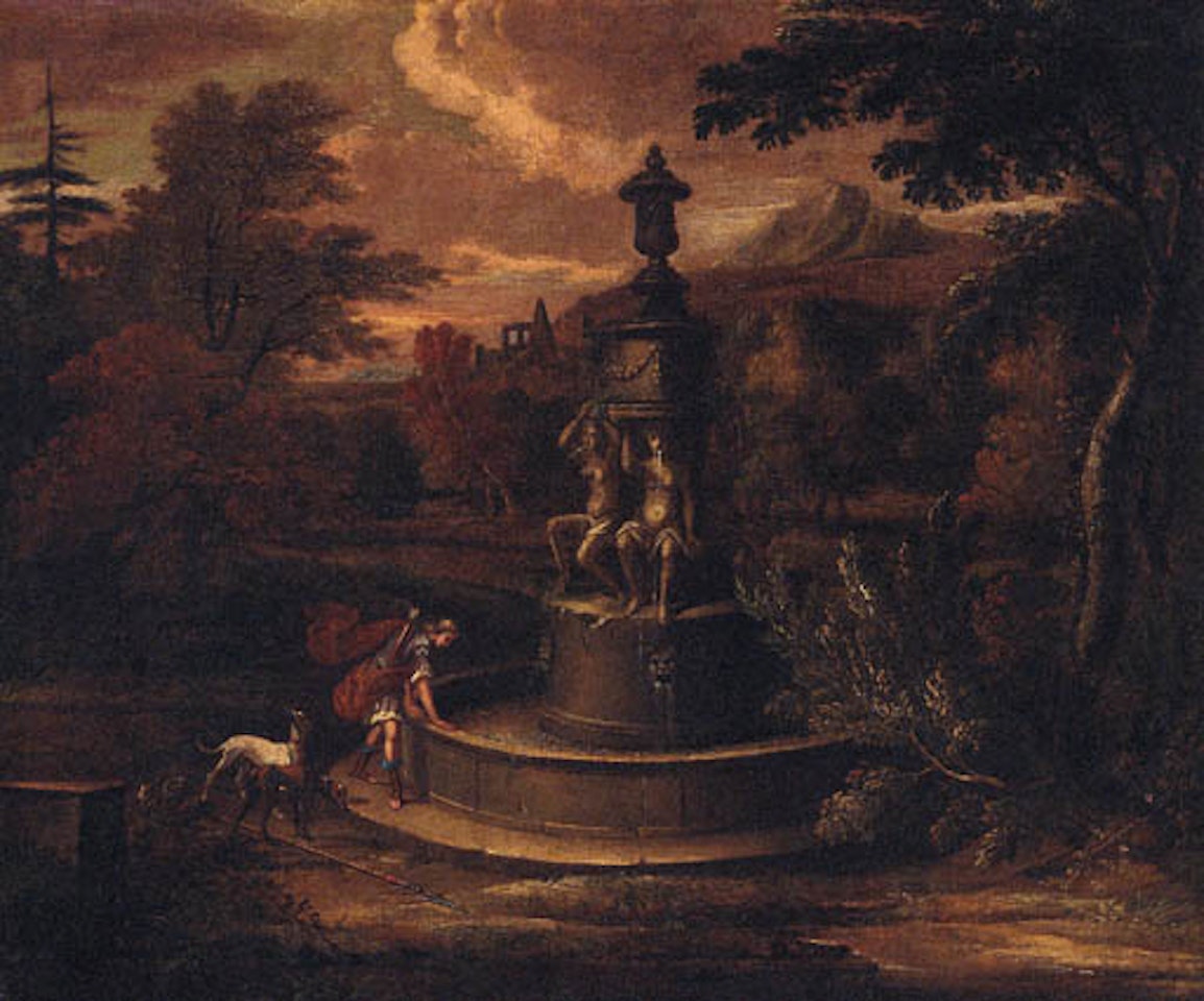 Landscape with Narcissus by fountain by Isaac de Moucheron