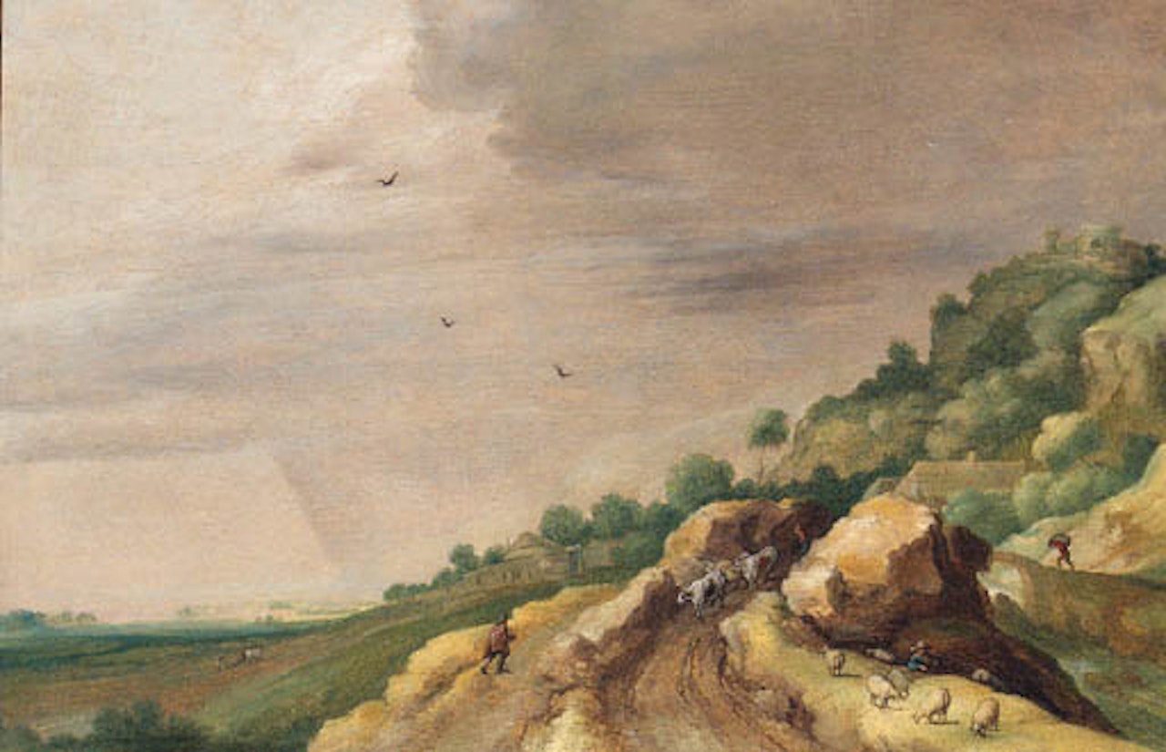 Extensive landscape with drovers by river by Adriaen van Stalbemt