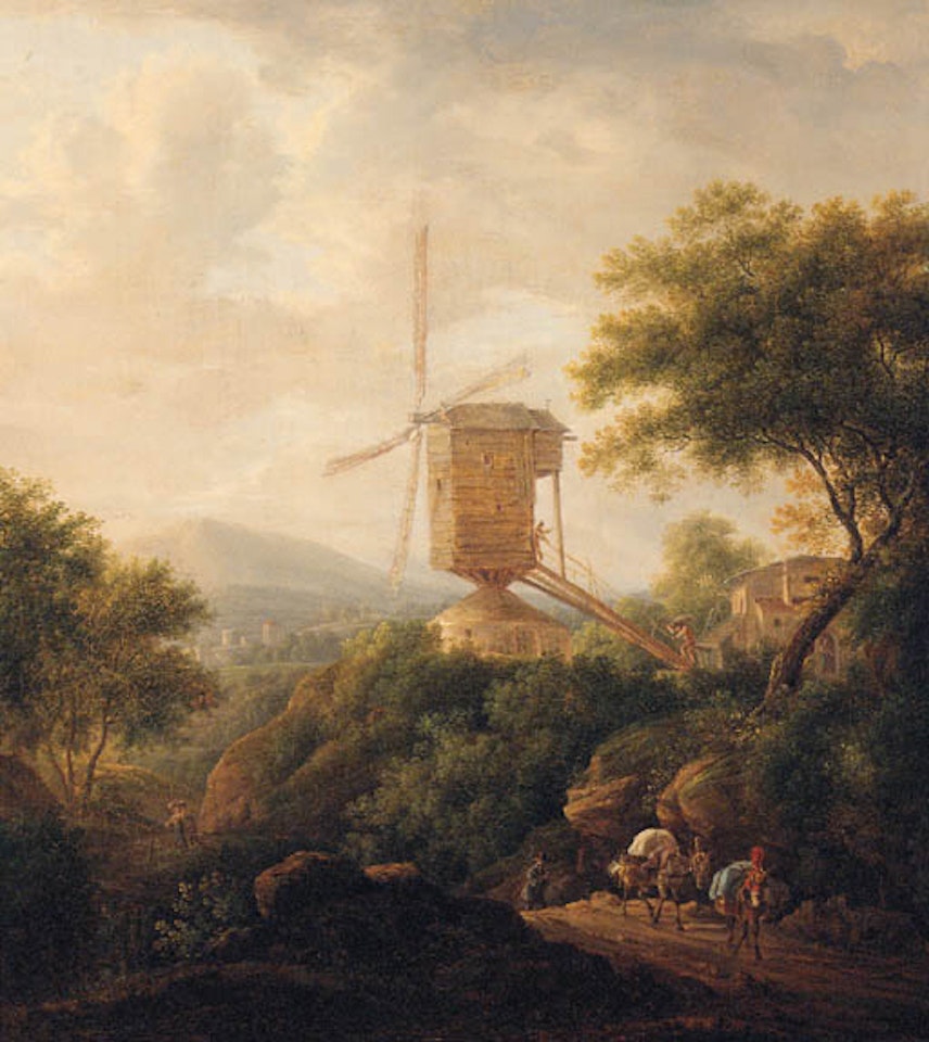 Landscape with traveller and mules on track by windmill by Christian Wilhelm Ernst Dietrich