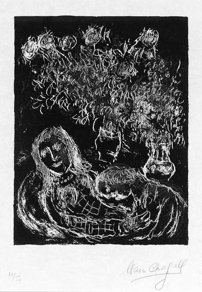 Couple against black background by Marc Chagall