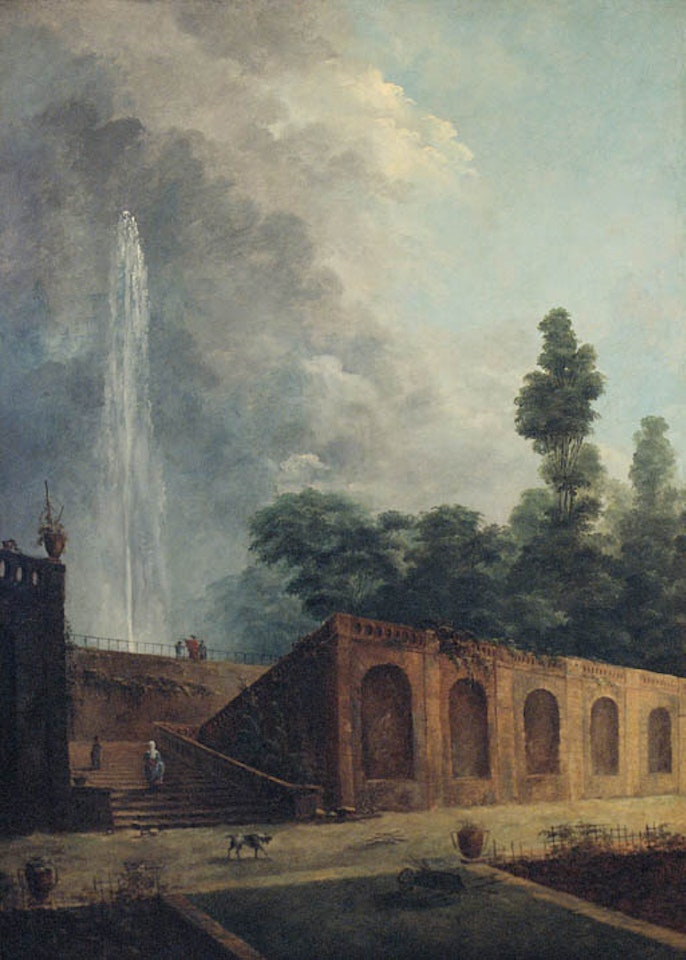 Figures in terraced garden by fountain by Hubert Robert
