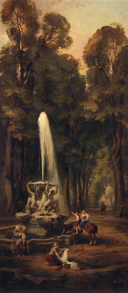 Artist sketching lady beneath terrace in garden. Washerwomen by fountain in garden by Hubert Robert