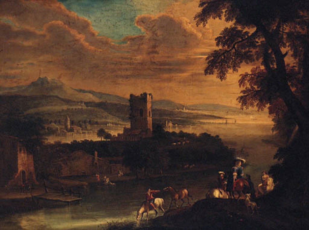 Extensive river landscape with elegant couple on horseback by Giovanni Battista Cimaroli