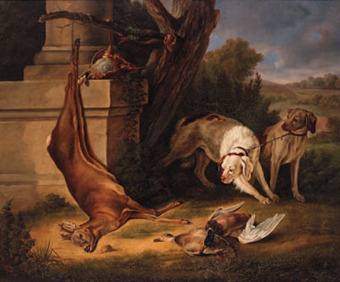 Hunting dogs with dame in landscape by Jean-Baptiste Oudry