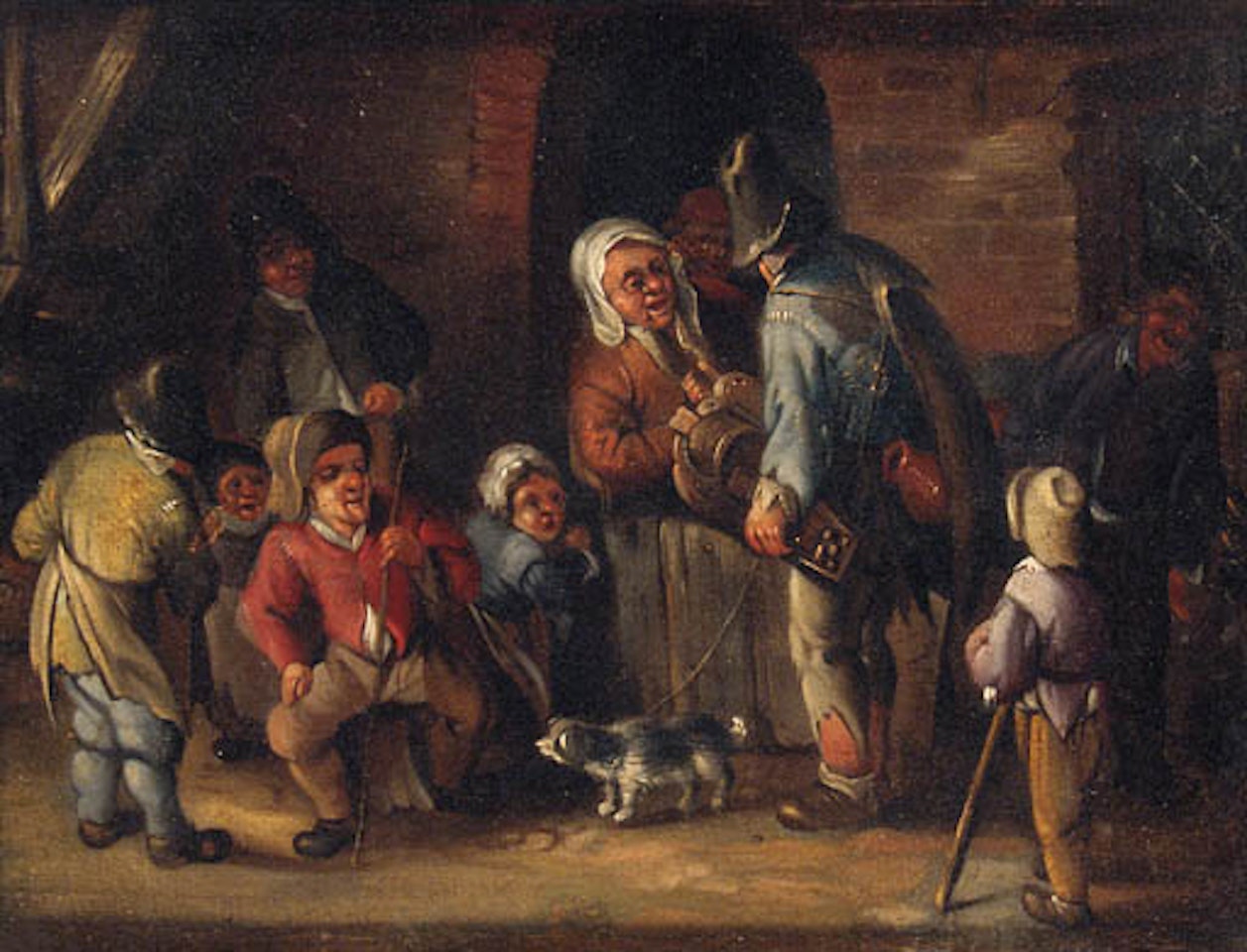 Hurdy-gurdy player conversing with peasants outside cottage by Jan Miense Molenaer