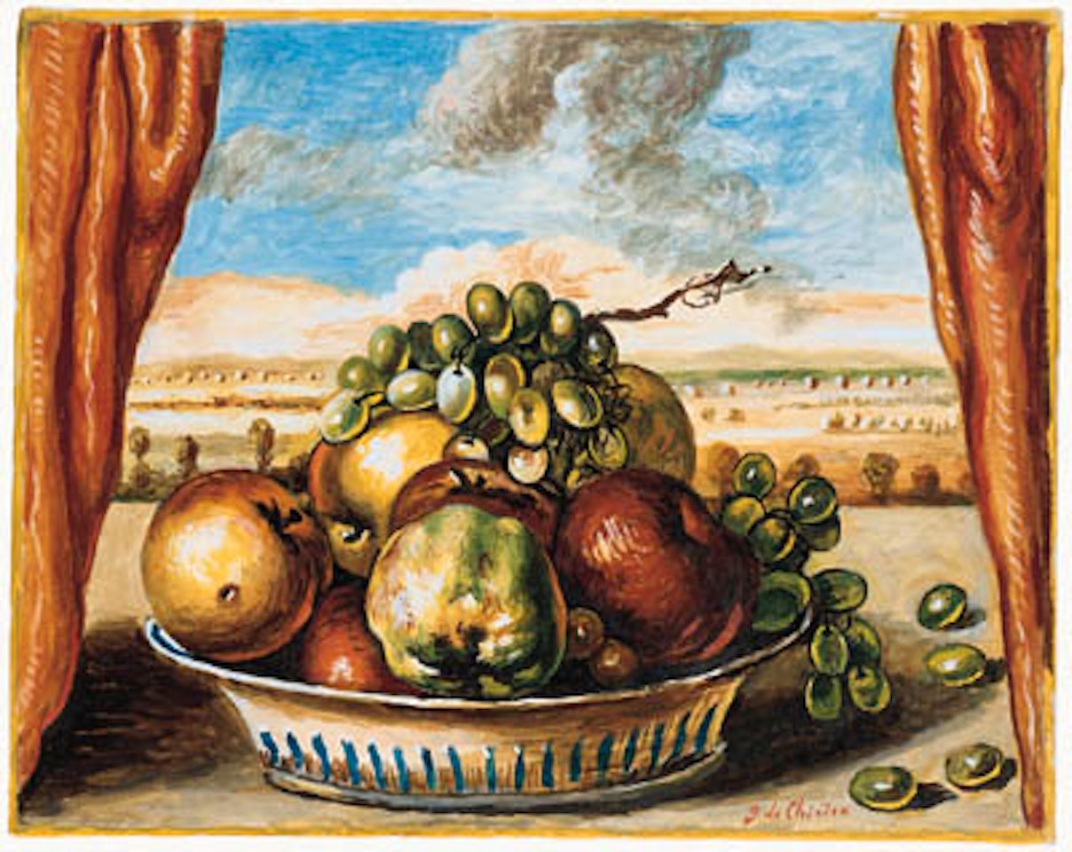 Vita silente con cesto e paesaggio by Giorgio de Chirico