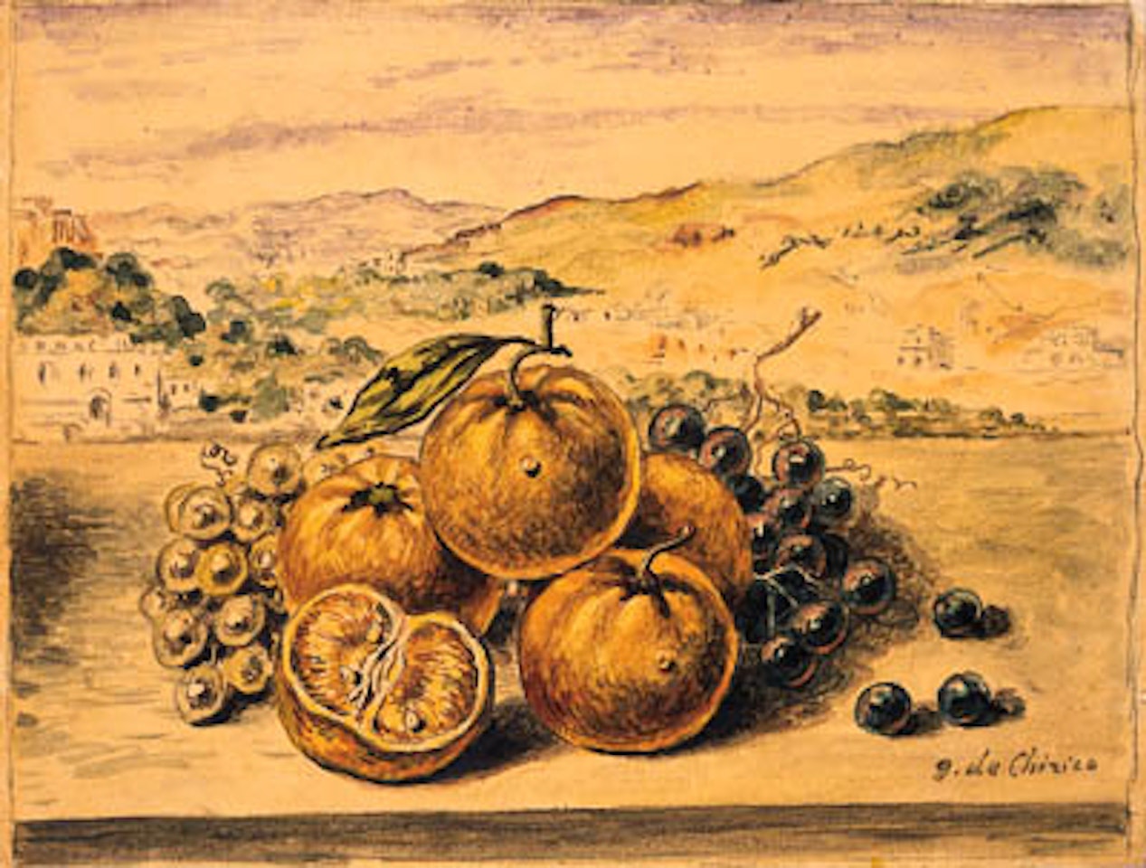 Vita silente di frutta su sfondo di paese by Giorgio de Chirico