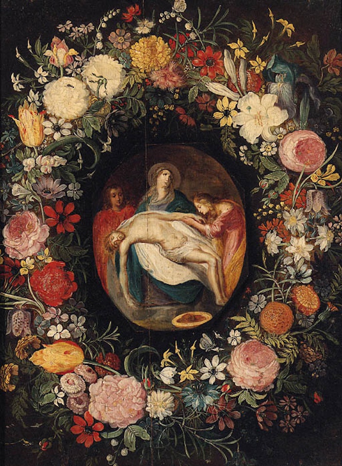 Lamentation in medallion surrounded by garland of flowers by Jan Brueghel the Younger