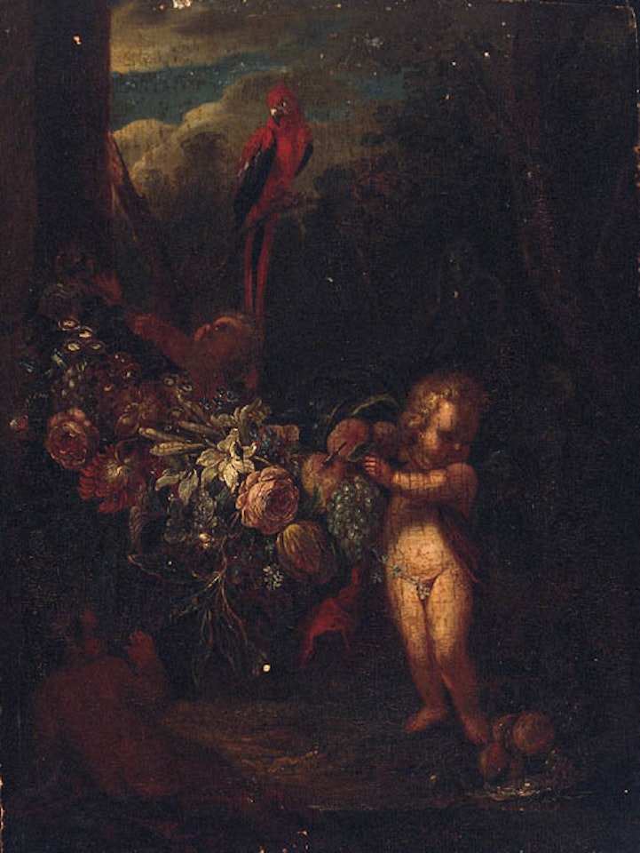 Putti holding swag of fruit and flowers by parrot by Jan Pauwel Gillemans