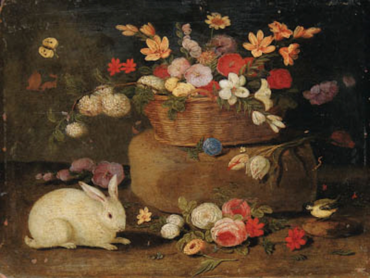 Flowers in basket on stone seat with rabbit, great tit by Jan Van Kessel The Elder