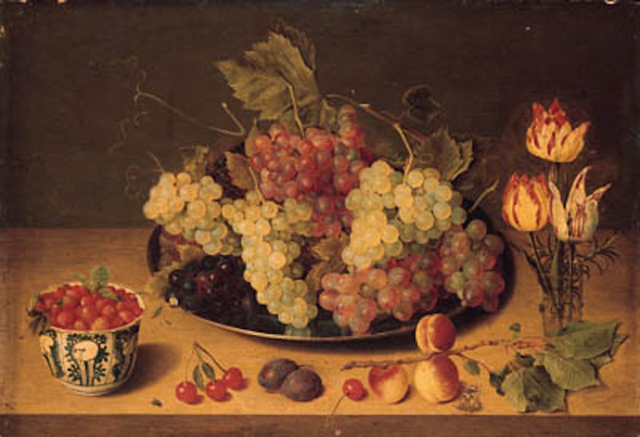 Brunches of grapes and vine lieaves on pewter plate by Isaak Soreau