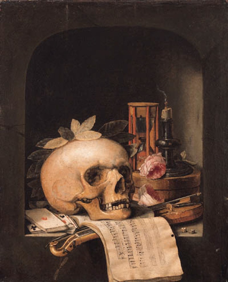 Vanitas still life with wreathed skull, pochette violin by Simon Renard de Saint-Andre