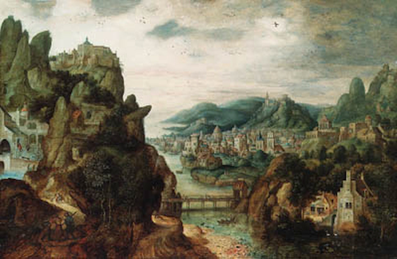 Mountain landscape with town by river, Christ on the way to Emmaus in the foreground by Herri met de Bles