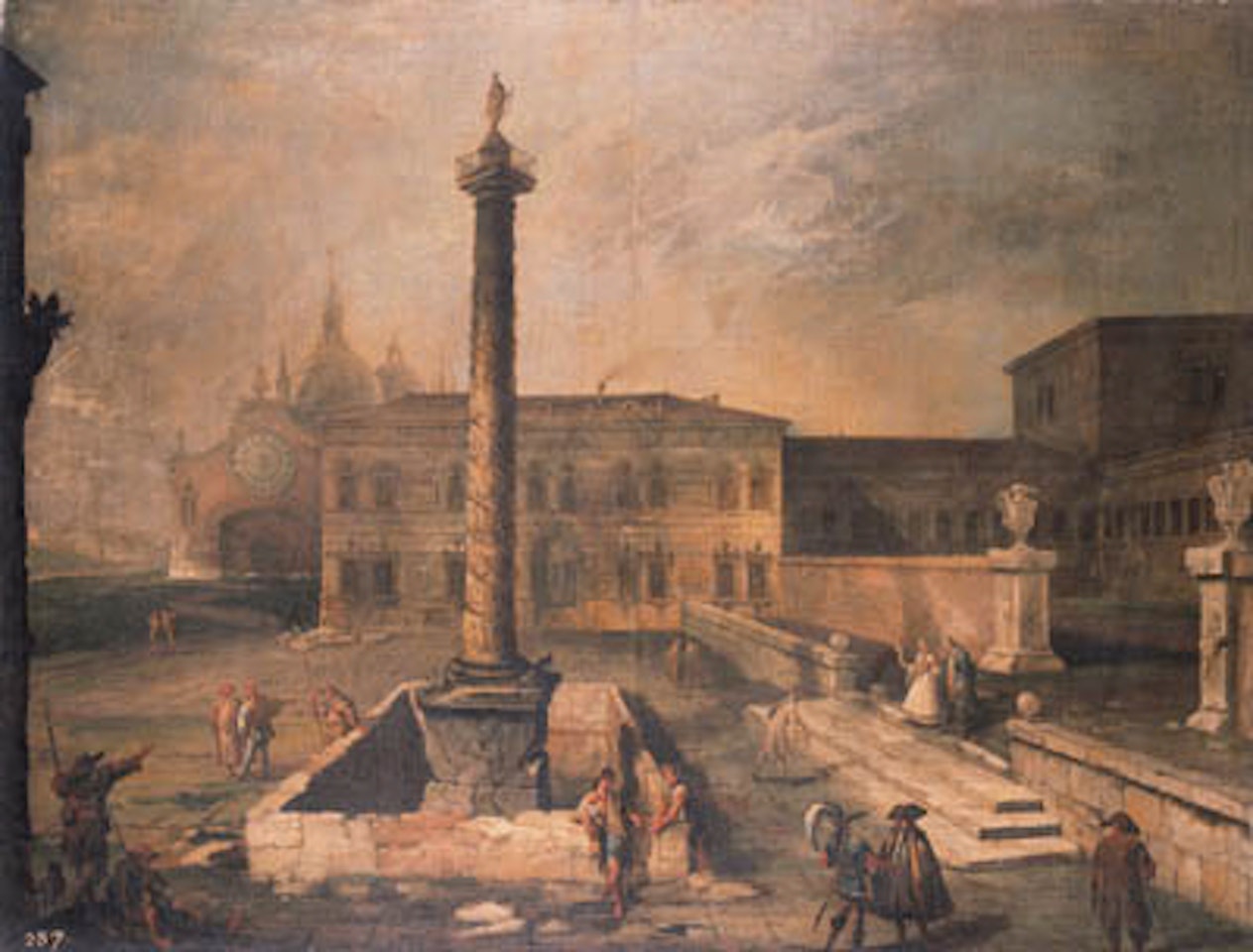 Capriccio of piazza in front of a palace with column by Canaletto