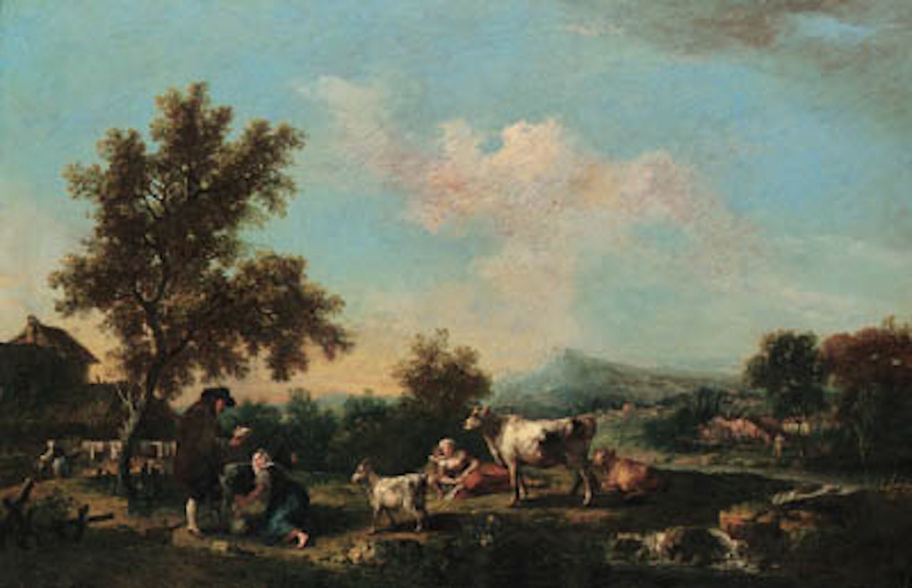 River landscape with peasants, cattle and goats near farm by Francesco Zuccarelli