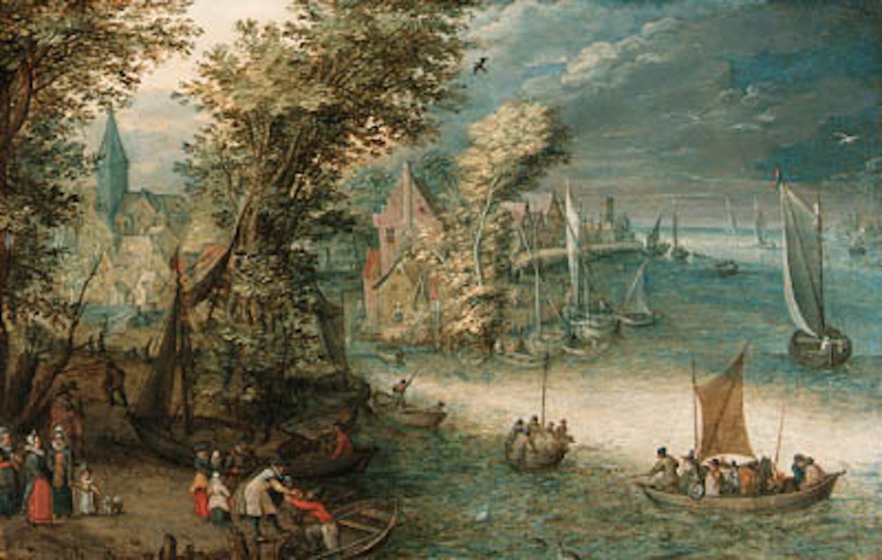 Wooded river landscape with travellers at landing stage by Jan Brueghel the Younger