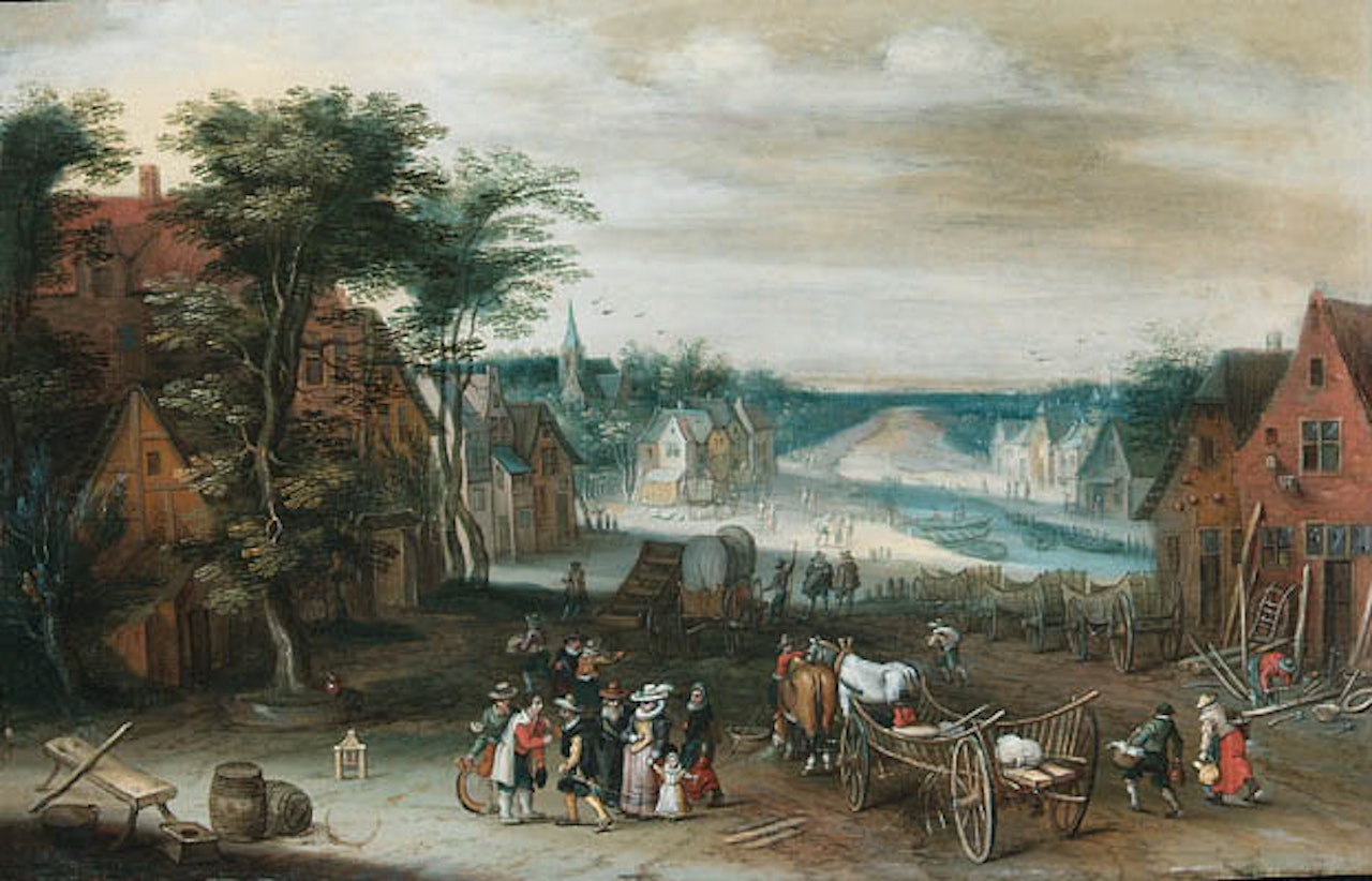 Village by river with peasants, townfolk and wagons by Jan Brueghel the Younger