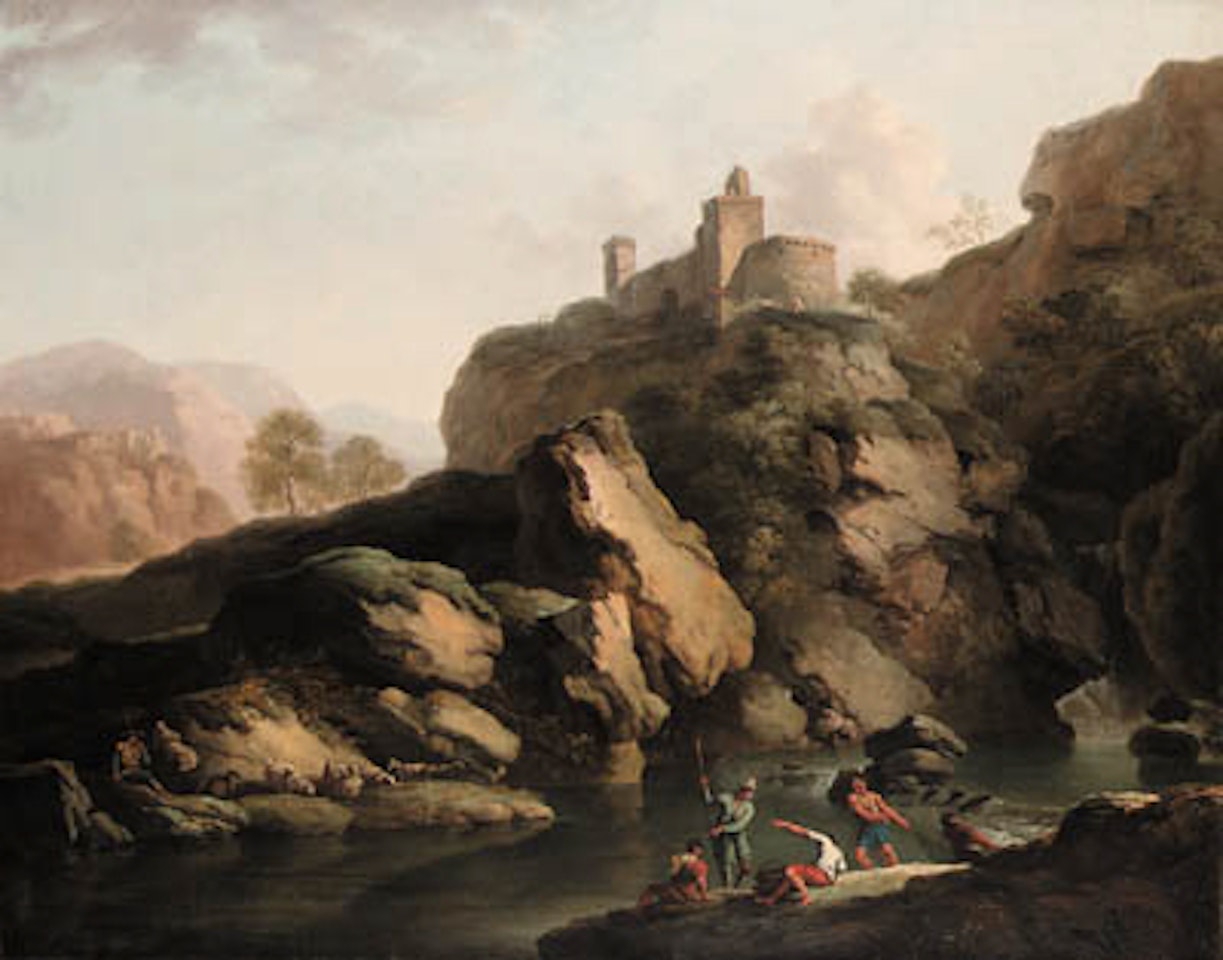 Mountain river landscape with fishermen pulling in nets by Claude Joseph Vernet