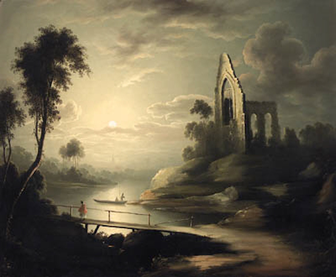 Figures in moonlit River landscape with ruined Abbey by Henry Pether